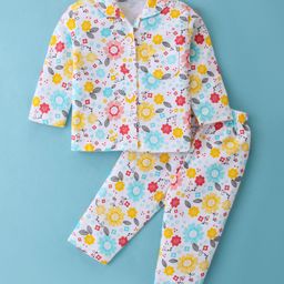 Little Darlings Cotton Knit Full Sleeves Night Suit With Floral Print - White Pink-image-59