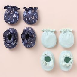 Ben Benny 100% Cotton Knit Booties & Mittens Set Solid & Floral Print Pack Of 2 - Navy & Light Blue-picture-18