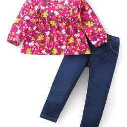 Babyhug Cotton Knit Full Sleeves Frill Detailed Top & Denim Pants Set With Floral Print - Multicolor-image-90