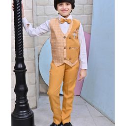 BT DEZINES Cotton Blend Full Sleeves Solid & Checked 3 Piece Suit With Bow - Gold-image-91