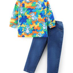 Babyhug Cotton Knit Full Sleeves Dino & Croc Printed T-Shirt With Denim Jeans - Blue-image-63