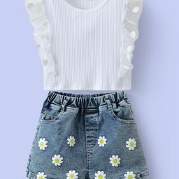 Kookie Kids Sleeveless Frill Detailing Top & Denim Floral Print Washed Short Set - White-image-56