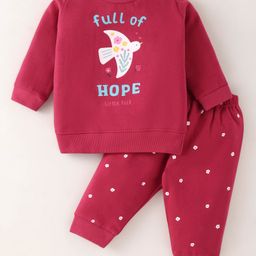 Zero Female Fleece Knit Full Sleeves Winter Wear T- Shirt & Lounge Pant Set Text & Bird Print - Dark Red-49