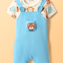 Babyoye 100% Cotton Knit Half Sleeves Eco Jiva Finish Romper with Tiger Print & Embroidery - Light Blue-picture-2