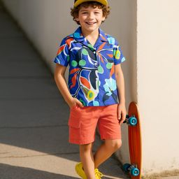Ollington St. Cotton Knit Half Sleeves Leaf Printed Shirt & Shorts Set - Navy Blue & Orange-image-98