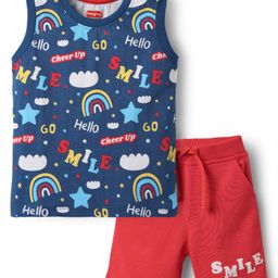 Babyhug Single Jersey Knit Sleeveless T-Shirt and Shorts Set with Rainbow & Smile Text Print - Navy Blue & Red-image-82