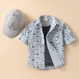 Rikidoos Full Sleeves Sports Theme Printed Shirt With Attached Tee & Cap - Light Blue-image-31