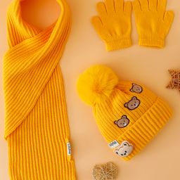 Babyhug Woollen Cap Mitten & Muffler Set with Teddy Embroidery & Applique Yellow - Diameter 13 cm-picture-18