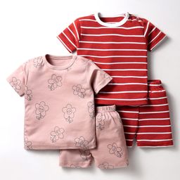 Kidi Wav Cotton Pack Of 2 Half Sleeves Striped & Floral Printed Tees With Coordinating Shorts Set - Multi Colour-image-5