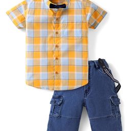Dapper Dudes Half Sleeves Checked Shirt With Bow Suspender & Shorts Set - Mango-image-86