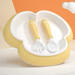 THE LITTLE LOOKERS Baby Bowl Set with Spoon & Fork Non-Slip, BPA Free, Silicone Feeding Set for Toddlers/ Babies - Yellow-picture-28