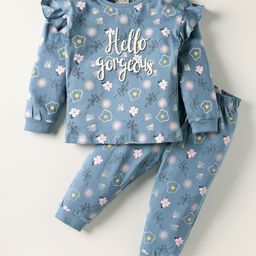 CUCUMBER Sinker Knit Full Sleeves Co-ords Night Suit with Floral Print & Frill Detailing - Navy Blue-picture-11