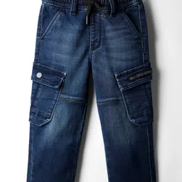 Ruff Woven Full Length Straight Fit Washed Denim Cargo Jeans with Pocket - Navy Blue-picture-38