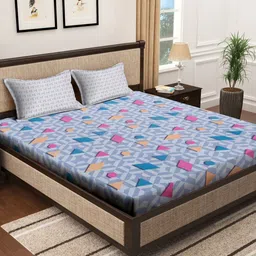 Myntra Elegant Homes Blue & Pink Geometric 300 TC King Bedsheet Set 2.50 m x 2.20m-image-85