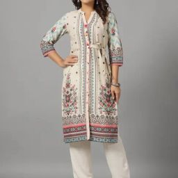 Juniper Beige Geometric Printed Cotton Fusion Kurta With Contrast 3D Beadwork Side Tie-Ups & Coins-image-12