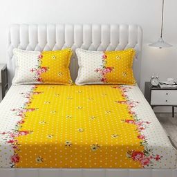 Aura Yellow & White Floral 144 TC King Bedsheet with 2 Pillow Covers-image-95