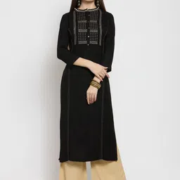 Kvsfab Women Black Embroidered Straight Kurta-picture-25