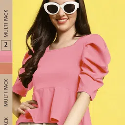 Fabflee Pack of 2 Square Neck Puff Sleeves Peplum Top-image-25