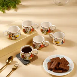 Myntra Elegant Homes Off White & Orange Handcrafted Printed Ceramic Matte Cups Set of Cups and Mugs-54