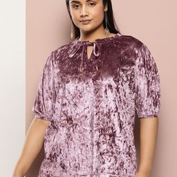 Sztori Plus Size Solid Tie-Up Neck Puff Sleeve Velvet Top-26