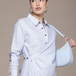 French Connection Striped Shirt Style With Wrap Detail Mini Dress-image-57