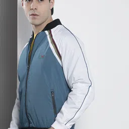 The Indian Garage Co Men Blue White Striped Bomber Jacket-45