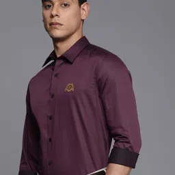 Louis Philippe Gods & Kings Men Purple Blue Brand Logo Embroidered Slim Fit Giza Cotton Formal Shirt-image-10