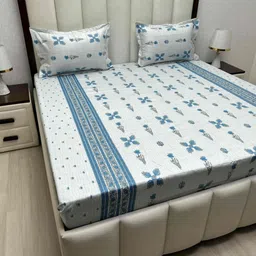 Pure Decor Blue & White Floral Pure Cotton 220 TC Queen Bedsheet 2.28 m x 2.54 m-image-75