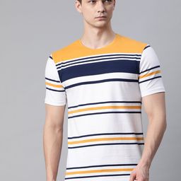 Pierre Carlo Men White & Mustard Yellow Striped T-shirt-image-96