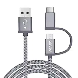 Agaro 2 in 1 Blaze USBA to micro & Type C Nylon Braided 1.2 m Cable Grey, 33281-0