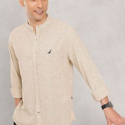 Nautica Men Premium Slim Fit Striped Mandarin Collar Cotton Linen Casual Shirt-picture-7