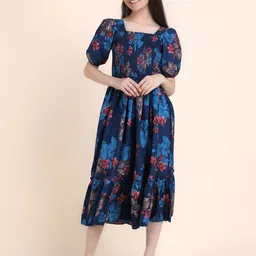 STARWORD Floral Printed Square Neck Fit and Flare Midi Dress-45