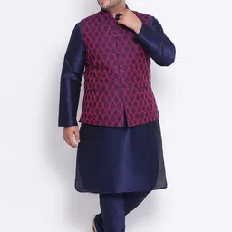 KISAH PLUS Men Navy Blue & Purple Solid Kurta with Churidar & Nehru Jacket-33