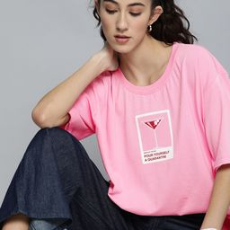 Kook N Keech Women Pink  Red Printed Round Neck Oversized Pure Cotton T-shirt-image-24