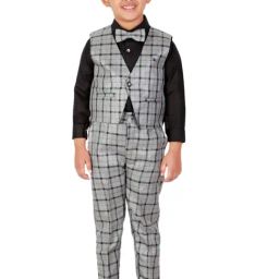 Pro-Ethic Style Developer Kids Grey & Black Checks Full Sleeves Shirt, Waistcoat, Pants with Bow-picture-10