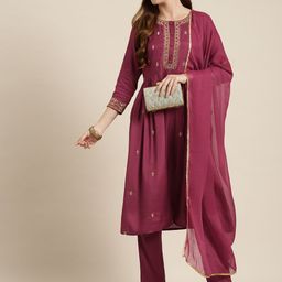 HERE&NOW Embroidered Kurta with Trousers & Dupatta-image-0