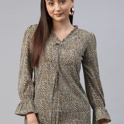 Cottinfab Animal Print Bell Sleeves Crepe Longline Top-image-8
