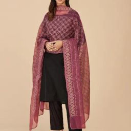 Fabindia Maroon Cotton Silk Embroidered Dupatta-image-24