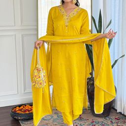 NIZA FASHION Women Floral Embroidered Silk Kurta with Trousers & Dupatta-image-53