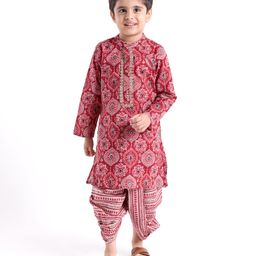 Babyhug Cotton Full Sleeves Ethnic Block Printed Kurta & Dhoti Set- Red-image-4