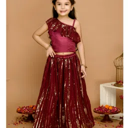Saka Designs by Sapna Embroidered Lehenga with Single Shoulder FrillSleeves Choli - Wine & Gold-picture-4