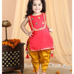 Kinder Kids Sleeveless Diamond Blocked Design   Embroidered & Gota Lace Embellished Kurti With Dhoti - Red & Yellow-image-24