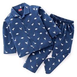 Babyhug Single Jersey Knit Full Sleeves Night Suit With Dino Print - Navy Blue-image-100