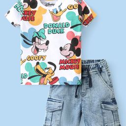 Babyhug Disney Cotton Knit Half Sleeves T-Shirt & Denim Shorts Set With Mickey & Friends Print - White-picture-49