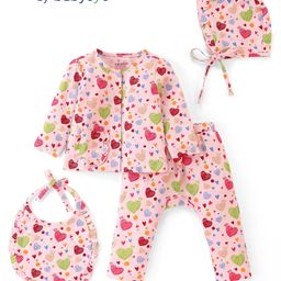 Babyoye Cotton Muslin Full Sleeves Hearts Printed T-Shirt & Lounge Pants Set With Cap & Bib - Baby Pink-image-86