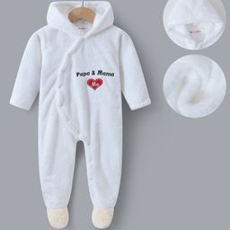 Kookie Kids Full Sleeves Solid Colour Text Embroidered HoodedFooted Front Open Romper - White-image-94
