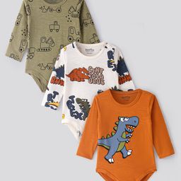 Bonfino 100% Cotton Knit Full Sleeves Onesies with Dino & Car Print Pack of 3  - Olive Green White & Orange-image-85