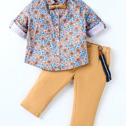 ToffyHouse 100% Cotton Woven Full Sleeves Floral Printed Shirt & Trouser Set with Bow & Suspender - Golden-picture-3