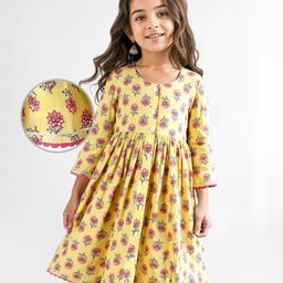 Babyhug Cotton Woven Three Fourth Sleeves Floral Printed Front Open Ethnic Dress - Light Yellow-image-51