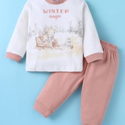 Zero Interlock Knit Full Sleeves T-Shirt & Joggers Set with Animal & Text Print -Off White & Dark Peach-image-61